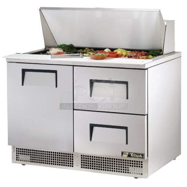 BRAND NEW! True TFP-48-18M-D-2 Stainless Steel Commercial Sandwich Salad Prep Table Bain Marie w/ Door and 2 Drawers. 115 Volts, 1 Phase. Tested and Working! - Image 1 of 4