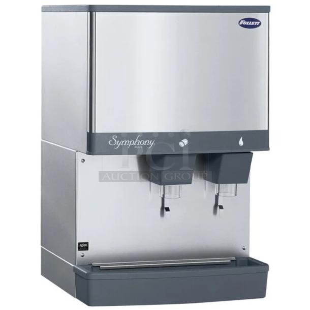 BRAND NEW! 2023 Follett 110CM Stainless Steel Commercial Countertop Symphony Plus Series 110 lb. Manual Fill Countertop Ice and Water Dispenser with Lever Dispensing. 115 Volts, 1 Phase. - Image 1 of 7