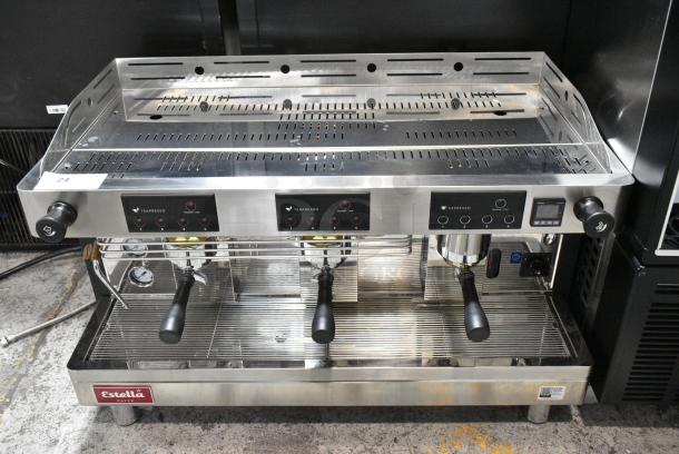 BRAND NEW SCRATCH AND DENT! Estella 236ECTPM3 Stainless Steel Commercial Countertop 3 Group Teapresso / Espresso Machine w/ 3 Portafilters and 2 Steam Wands. 220/240 Volts, 1 Phase. - Image 1 of 5