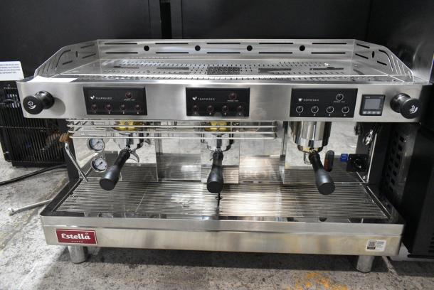 BRAND NEW SCRATCH AND DENT! Estella 236ECTPM3 Stainless Steel Commercial Countertop 3 Group Teapresso / Espresso Machine w/ 3 Portafilters and 2 Steam Wands. 220/240 Volts, 1 Phase. - Image 2 of 5
