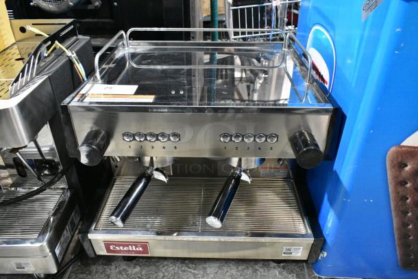 BRAND NEW SCRATCH AND DENT! Estella 236ECEM2C Stainless Steel Commercial Countertop 2 Group Espresso Machine w/ 2 Portafilters and 2 Steam Wands. 110 Volts, 1 Phase. - Image 1 of 5