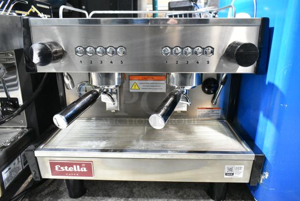 BRAND NEW SCRATCH AND DENT! Estella 236ECEM2C Stainless Steel Commercial Countertop 2 Group Espresso Machine w/ 2 Portafilters and 2 Steam Wands. 110 Volts, 1 Phase. - Image 2 of 5
