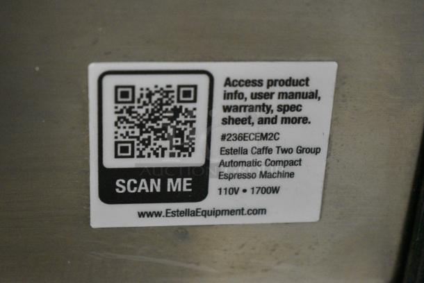 BRAND NEW SCRATCH AND DENT! Estella 236ECEM2C Stainless Steel Commercial Countertop 2 Group Espresso Machine w/ 2 Portafilters and 2 Steam Wands. 110 Volts, 1 Phase. - Image 5 of 5