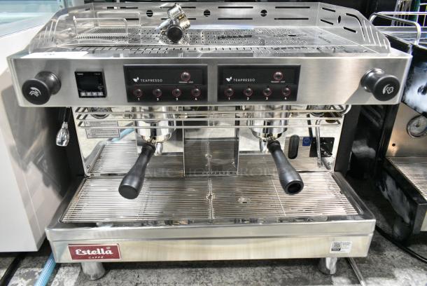 BRAND NEW SCRATCH AND DENT! Estella 236ECTPM2 Stainless Steel Commercial Countertop 2 Group Teapresso Machine w/ 2 Portafilters and 2 Steam Wands. 220/240 Volts, 1 Phase. - Image 2 of 6