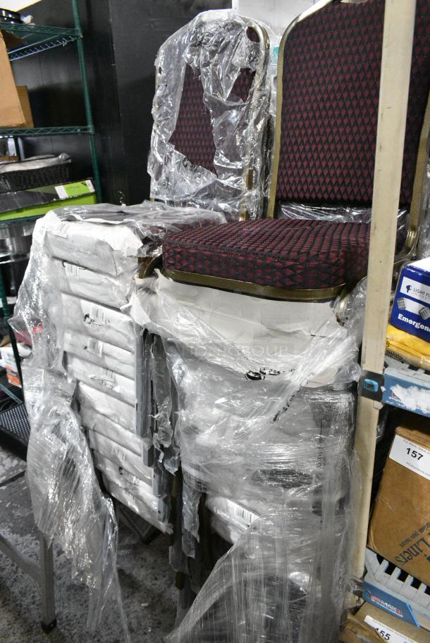 20 BRAND NEW SCRATCH AND DENT! Lancaster Table & Seating 164BNQCRBG Burgundy Pattern Fabric Crown Back Stackable Banquet Chair with Gold Vein Frame. 20 Times Your Bid! - Image 1 of 3