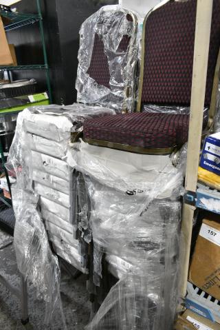 20 BRAND NEW SCRATCH AND DENT! Lancaster Table & Seating 164BNQCRBG Burgundy Pattern Fabric Crown Back Stackable Banquet Chair with Gold Vein Frame. 20 Times Your Bid!