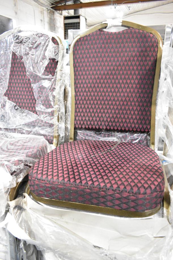 20 BRAND NEW SCRATCH AND DENT! Lancaster Table & Seating 164BNQCRBG Burgundy Pattern Fabric Crown Back Stackable Banquet Chair with Gold Vein Frame. 20 Times Your Bid! - Image 2 of 3