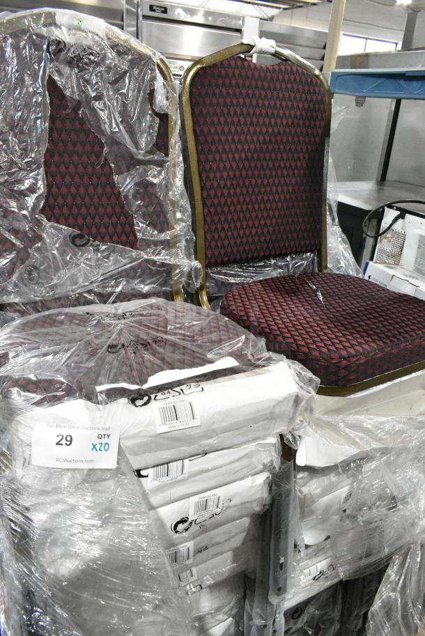 20 BRAND NEW SCRATCH AND DENT! Lancaster Table & Seating 164BNQCRBG Burgundy Pattern Fabric Crown Back Stackable Banquet Chair with Gold Vein Frame. 20 Times Your Bid! - Image 3 of 3