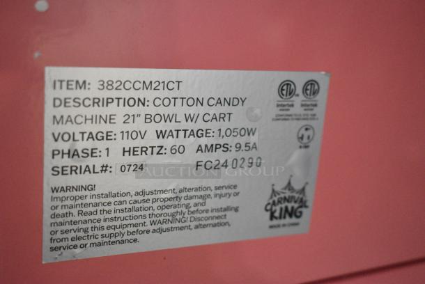 BRAND NEW SCRATCH AND DENT! Carnival King 382CCM21CT Cotton Candy Machine with 21" Stainless Steel Bowl and Cart. 110 Volts, 1 Phase. Tested and Working! - Image 8 of 9