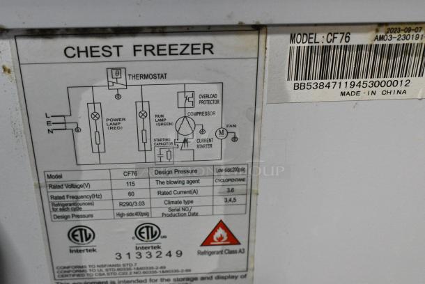 Coldline CF76 Metal Chest Freezer w/ 2 Hinge Lids. 115 Volts, 1 Phase. Tested and Powers On But Does Not Get Cold - Image 4 of 4