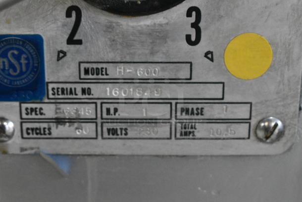 Hobart H-600 Metal Commercial 60 Quart Planetary Dough Mixer w/ Metal Bowl and Dough Hook Attachment. 230 Volts, 1 Phase. - Image 3 of 4