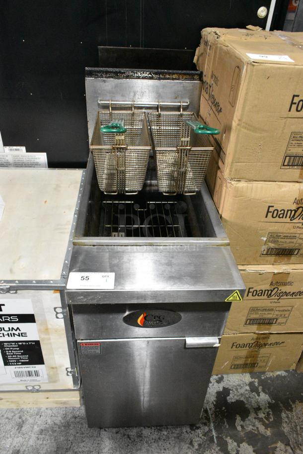 2022 Cooking Performance Group CPG Stainless Steel Commercial Floor Style Natural Gas Powered Deep Fat Fryer w/ 2 Metal Fry Baskets. 120,000 BTU. - Image 1 of 3