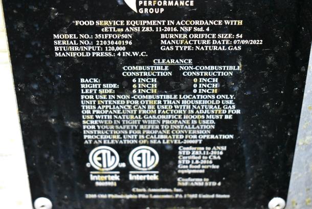 2022 Cooking Performance Group CPG Stainless Steel Commercial Floor Style Natural Gas Powered Deep Fat Fryer w/ 2 Metal Fry Baskets. 120,000 BTU. - Image 3 of 3