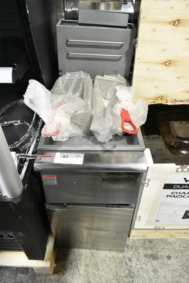 BRAND NEW SCRATCH AND DENT! 2024 Main Street 541FF40L Stainless Steel Commercial Floor Style Propane Gas Powered Deep Fat Fryer w/ 2 Metal Fry Baskets. 90,000 BTU. - Image 1 of 3