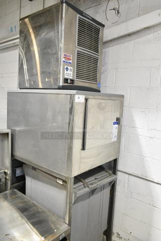 2019 Scotsman F1222A-32E Stainless Steel Commercial Ice Head on Commercial Ice Bin w/ Gray Poly Ice Cart. 208/230 Volts, 1 Phase.