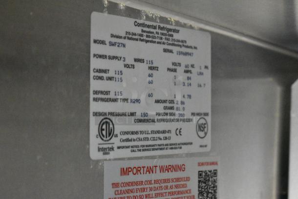 2019 Continental SWF27N Stainless Steel Commercial 2 Drawer Undercounter Cooler. 115 Volts, 1 Phase. Tested and Working! - Image 3 of 5