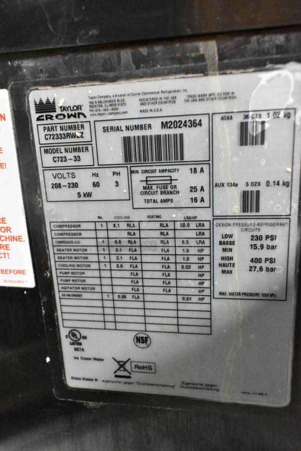 Taylor C723-33 Stainless Steel Commercial Floor Style Water Cooled 2 Flavor w/ Twist Soft Serve Ice Cream Machine. 208-230 Volts, 3 Phase. - Image 4 of 5