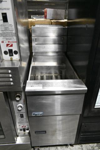 2017 Pitco Frialator SG14 Stainless Steel Commercial Floor Style Propane Gas Powered Deep Fat Fryer on Commercial Casters. 110,00 BTU.