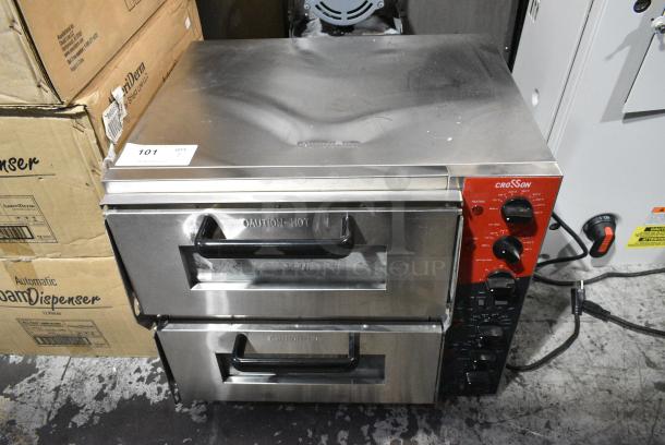 BRAND NEW SCRATCH AND DENT! 2024 Crosson CPO-320 Stainless Steel Commercial Countertop Electric Powered Double Stack Pizza Oven w/ Broken Cooking Stones. 120 Volts, 1 Phase. Tested and Working! - Image 1 of 5