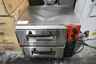 BRAND NEW SCRATCH AND DENT! 2024 Crosson CPO-320 Stainless Steel Commercial Countertop Electric Powered Double Stack Pizza Oven w/ Broken Cooking Stones. 120 Volts, 1 Phase. Tested and Working!