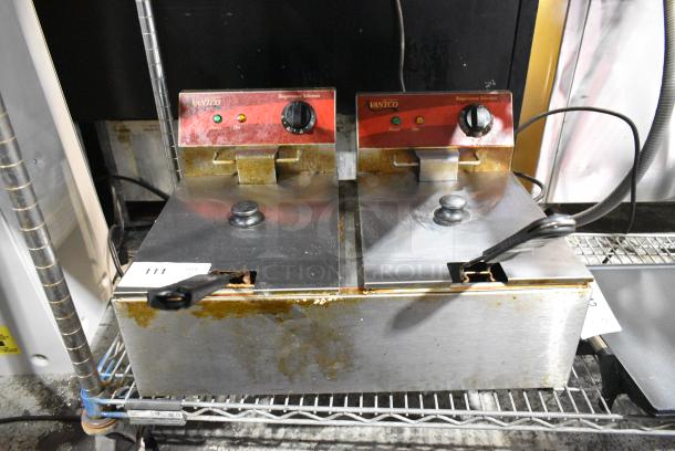 Avantco 177F102 Stainless Steel Commercial Countertop Electric Powered 2 Bay Fryer w/ 2 Metal Fry Baskets. 120 Volts, 1 Phase. - Image 1 of 5