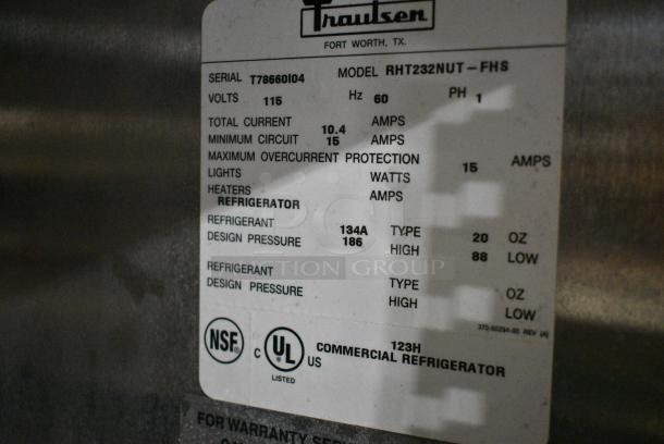 Traulsen RHT232NUT-FHS Stainless Steel Commercial 2 Door Reach In Cooler w/ 2 Metal Racks on Commercial Casters. 115 Volts, 1 Phase. Tested and Powers On But Does Not Get Cold - Image 5 of 7