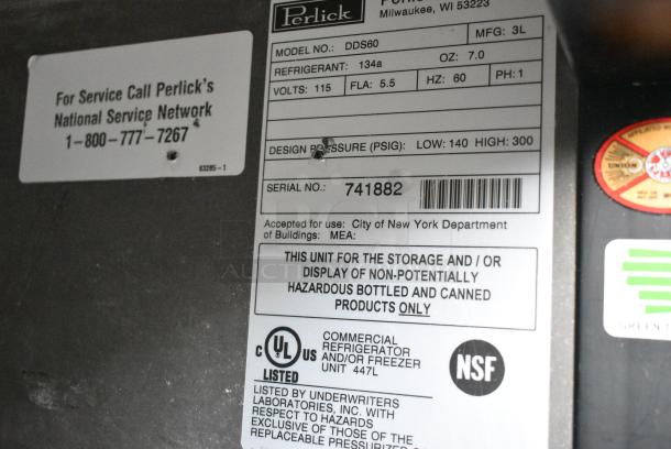 Perlick DDS60 Metal Commercial 2 Door Undercounter Back Bar Cooler. 115 Volts, 1 Phase. Tested and Powers On But Does Not Get Cold - Image 3 of 4