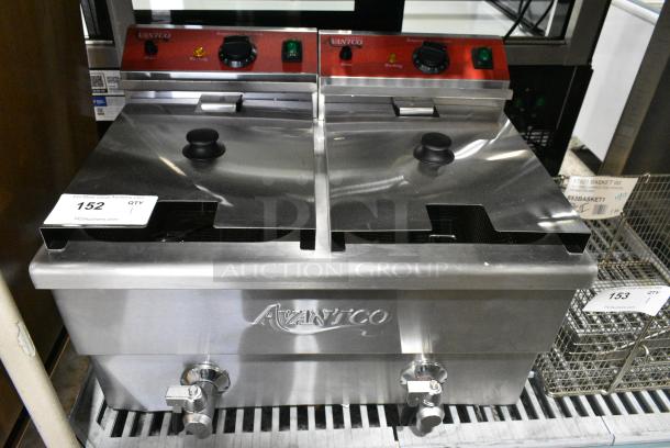 BRAND NEW SCRATCH AND DENT! 2024 Avantco 177F202 Stainless Steel Commercial Countertop Electric Powered Double Bay Fryer w/ 2 Metal Fry Baskets and 2 Metal Lids. 208-240 Volts, 1 Phase. - Image 1 of 5