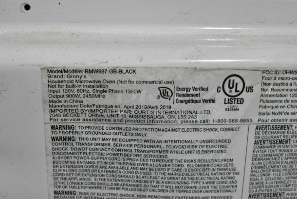 Ginny's RMW987-GB-BLACK Metal Countertop Microwave. 120 Volts, 1 Phase. - Image 3 of 3