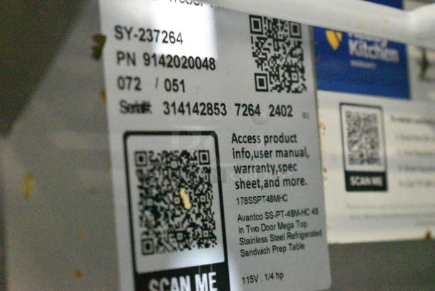 2024 Avantco 178SSPT48MHC Stainless Steel Commercial Sandwich Salad Prep Table Bain Marie Mega Top on Commercial Casters. 115 Volts, 1 Phase. Cannot Test Due To Cut Power Cord - Image 5 of 7