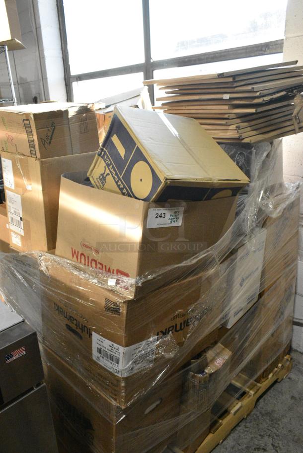 45 BRAND NEW Boxes Including Plastic Lids, Toilet Seat Covers, Huhtamaki 89473 Lid, Amber Plate Cover, ClearView Microwaveable Containers, Pet 32 oz Bowls. 45 Times Your Bid! - Image 1 of 13