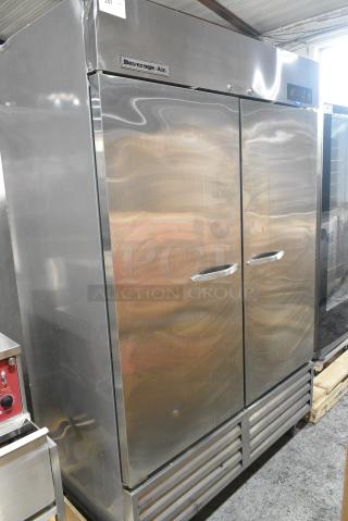 Beverage Air KF48-1AS Stainless Steel Commercial 2 Door Reach In Freezer w/ Poly Coated Racks on Commercial Casters. 115 Volts, 1 Phase. Tested and Powers On But Does Not Get Cold