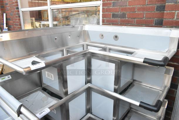BRAND NEW SCRATCH AND DENT! Regency 600S3141414C Stainless Steel Commercial 3 Bay L Shaped Sink w/ Dual Drain Boards. No Legs. - Image 1 of 3