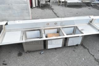 BRAND NEW SCRATCH AND DENT! Regency 600S31717218 Stainless Steel 3 Bay Sink w/ Dual Drain Boards. No Legs.
