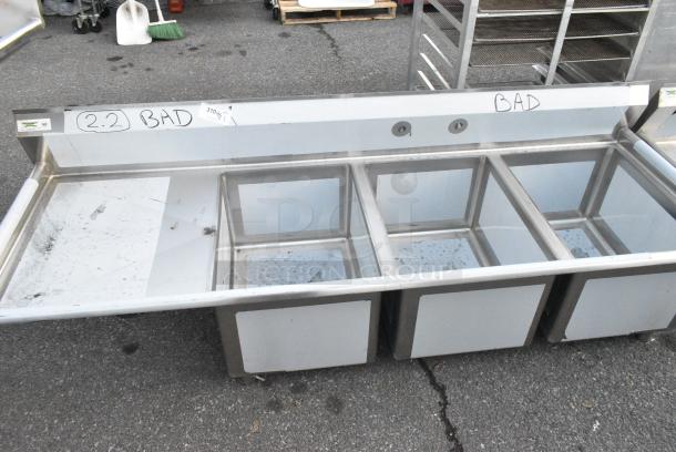 BRAND NEW SCRATCH AND DENT! Regency 600S3182424L Stainless Steel 3 Bay Sink w/ Left Side Drain Board. No Legs. - Image 1 of 3