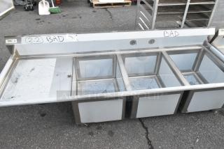 BRAND NEW SCRATCH AND DENT! Regency 600S3182424L Stainless Steel 3 Bay Sink w/ Left Side Drain Board. No Legs.