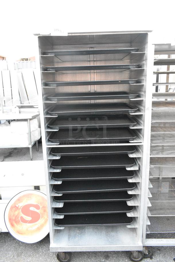 Metal Pan Transport Rack on Commercial Casters w/ Black Poly Trays. - Image 1 of 3