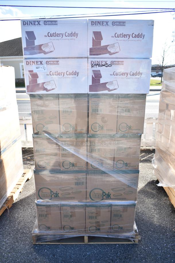 60 BRAND NEW! Boxes Including Inno Pak 293630590 28 oz Rigid 2 Piece Food Container and Dinex DXCTCAD80003 Cutlery Caddy Paper Sleeve With Flap Pre-loaded With 2-ply 16" X 16" Napkin. 60 Times Your Bid! - Image 1 of 6