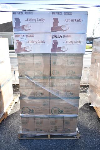 60 BRAND NEW! Boxes Including Inno Pak 293630590 28 oz Rigid 2 Piece Food Container and Dinex DXCTCAD80003 Cutlery Caddy Paper Sleeve With Flap Pre-loaded With 2-ply 16" X 16" Napkin. 60 Times Your Bid!