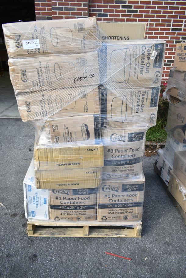 30 BRAND NEW! Boxes Including 3 Box 760SOUP16KB Choice 6 - 16 oz. Kraft Paper Soup / Hot Food Cup Vented Lid - 1000/Case, 2 Box 795PTOKFT1 Choice Kraft Microwavable Folded Paper #1 Take-Out Container 4 3/8" x 3 1/2" x 2 1/2" - 450/Case, 129MCR16W Choice 16 oz. White 6 1/4" Round Microwavable Heavy Weight Container with Lid - 150/Case, 127CH08 Choice 8 oz. Clear RPET Hinged Deli Container - 200/Case, 43258000 Choice Dinner Napkins, 3 Box 182RRF24 Plastic 18" x 24" Food Bag On A Roll - 250/Box. 30 Times Your Bid! - Image 1 of 17