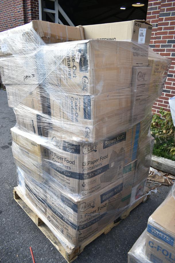 30 BRAND NEW! Boxes Including 3 Box 760SOUP16KB Choice 6 - 16 oz. Kraft Paper Soup / Hot Food Cup Vented Lid - 1000/Case, 2 Box 795PTOKFT1 Choice Kraft Microwavable Folded Paper #1 Take-Out Container 4 3/8" x 3 1/2" x 2 1/2" - 450/Case, 129MCR16W Choice 16 oz. White 6 1/4" Round Microwavable Heavy Weight Container with Lid - 150/Case, 127CH08 Choice 8 oz. Clear RPET Hinged Deli Container - 200/Case, 43258000 Choice Dinner Napkins, 3 Box 182RRF24 Plastic 18" x 24" Food Bag On A Roll - 250/Box. 30 Times Your Bid! - Image 3 of 17