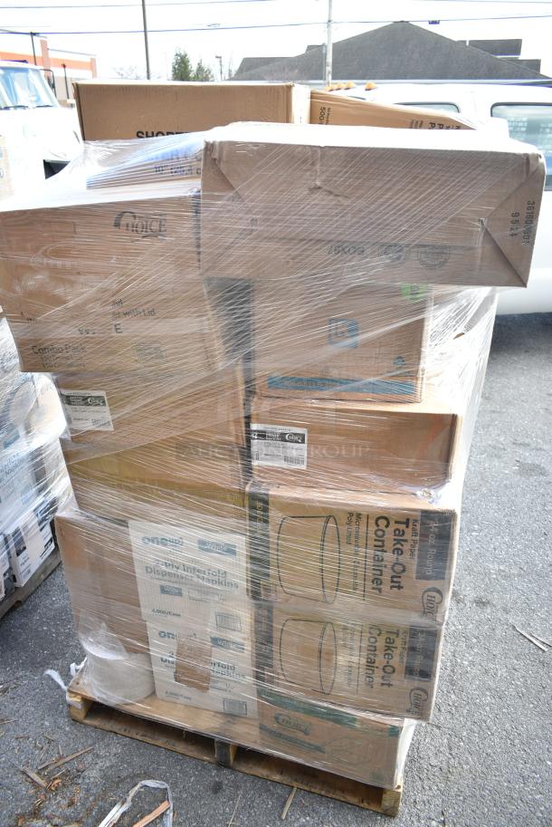 30 BRAND NEW! Boxes Including 3 Box 760SOUP16KB Choice 6 - 16 oz. Kraft Paper Soup / Hot Food Cup Vented Lid - 1000/Case, 2 Box 795PTOKFT1 Choice Kraft Microwavable Folded Paper #1 Take-Out Container 4 3/8" x 3 1/2" x 2 1/2" - 450/Case, 129MCR16W Choice 16 oz. White 6 1/4" Round Microwavable Heavy Weight Container with Lid - 150/Case, 127CH08 Choice 8 oz. Clear RPET Hinged Deli Container - 200/Case, 43258000 Choice Dinner Napkins, 3 Box 182RRF24 Plastic 18" x 24" Food Bag On A Roll - 250/Box. 30 Times Your Bid! - Image 4 of 17