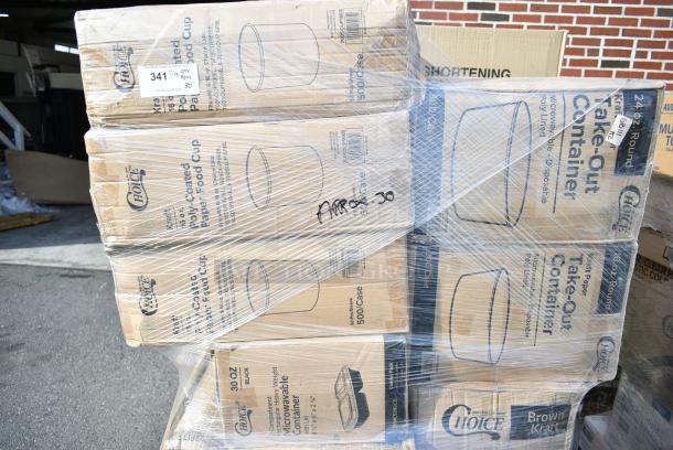 30 BRAND NEW! Boxes Including 3 Box 760SOUP16KB Choice 6 - 16 oz. Kraft Paper Soup / Hot Food Cup Vented Lid - 1000/Case, 2 Box 795PTOKFT1 Choice Kraft Microwavable Folded Paper #1 Take-Out Container 4 3/8" x 3 1/2" x 2 1/2" - 450/Case, 129MCR16W Choice 16 oz. White 6 1/4" Round Microwavable Heavy Weight Container with Lid - 150/Case, 127CH08 Choice 8 oz. Clear RPET Hinged Deli Container - 200/Case, 43258000 Choice Dinner Napkins, 3 Box 182RRF24 Plastic 18" x 24" Food Bag On A Roll - 250/Box. 30 Times Your Bid! - Image 5 of 17