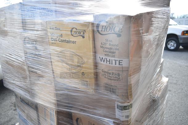 30 BRAND NEW! Boxes Including 3 Box 760SOUP16KB Choice 6 - 16 oz. Kraft Paper Soup / Hot Food Cup Vented Lid - 1000/Case, 2 Box 795PTOKFT1 Choice Kraft Microwavable Folded Paper #1 Take-Out Container 4 3/8" x 3 1/2" x 2 1/2" - 450/Case, 129MCR16W Choice 16 oz. White 6 1/4" Round Microwavable Heavy Weight Container with Lid - 150/Case, 127CH08 Choice 8 oz. Clear RPET Hinged Deli Container - 200/Case, 43258000 Choice Dinner Napkins, 3 Box 182RRF24 Plastic 18" x 24" Food Bag On A Roll - 250/Box. 30 Times Your Bid! - Image 7 of 17