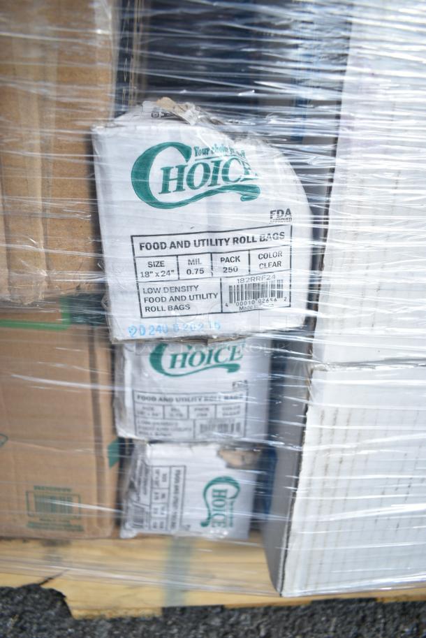 30 BRAND NEW! Boxes Including 3 Box 760SOUP16KB Choice 6 - 16 oz. Kraft Paper Soup / Hot Food Cup Vented Lid - 1000/Case, 2 Box 795PTOKFT1 Choice Kraft Microwavable Folded Paper #1 Take-Out Container 4 3/8" x 3 1/2" x 2 1/2" - 450/Case, 129MCR16W Choice 16 oz. White 6 1/4" Round Microwavable Heavy Weight Container with Lid - 150/Case, 127CH08 Choice 8 oz. Clear RPET Hinged Deli Container - 200/Case, 43258000 Choice Dinner Napkins, 3 Box 182RRF24 Plastic 18" x 24" Food Bag On A Roll - 250/Box. 30 Times Your Bid! - Image 16 of 17