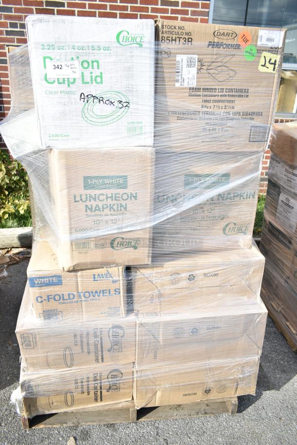 32 BRAND NEW! Boxes Including Lavex Paper Ice Buckets, 500CC16 16 oz. Plastic Cold Cup - 1000/Case, OneUp 966UPWIDEB-500 Napkins, 127RD16BULK Choice 16 oz. Customizable Microwavable Translucent Round Deli Container - 500/Case, Dart 85HT3R 8" x 8" x 3" White Foam Three-Compartment Square Take Out Container with Perforated Hinged Lid - 200/Case. 32 Times Your Bid! - Image 1 of 12