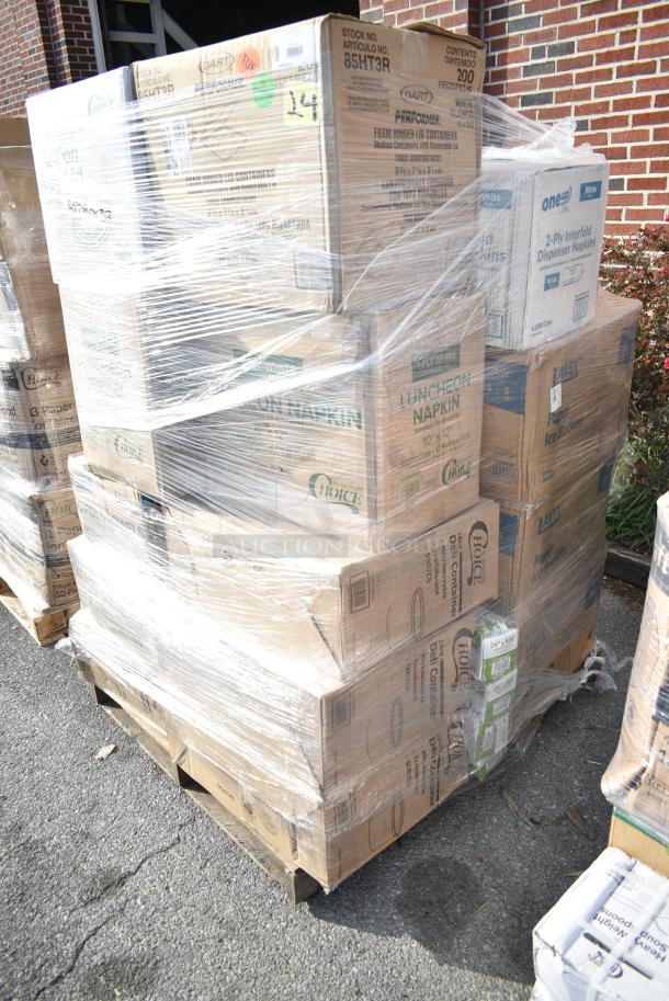 32 BRAND NEW! Boxes Including Lavex Paper Ice Buckets, 500CC16 16 oz. Plastic Cold Cup - 1000/Case, OneUp 966UPWIDEB-500 Napkins, 127RD16BULK Choice 16 oz. Customizable Microwavable Translucent Round Deli Container - 500/Case, Dart 85HT3R 8" x 8" x 3" White Foam Three-Compartment Square Take Out Container with Perforated Hinged Lid - 200/Case. 32 Times Your Bid! - Image 3 of 12
