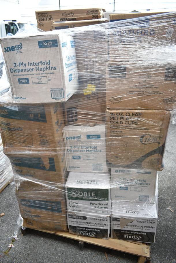 32 BRAND NEW! Boxes Including Lavex Paper Ice Buckets, 500CC16 16 oz. Plastic Cold Cup - 1000/Case, OneUp 966UPWIDEB-500 Napkins, 127RD16BULK Choice 16 oz. Customizable Microwavable Translucent Round Deli Container - 500/Case, Dart 85HT3R 8" x 8" x 3" White Foam Three-Compartment Square Take Out Container with Perforated Hinged Lid - 200/Case. 32 Times Your Bid! - Image 4 of 12