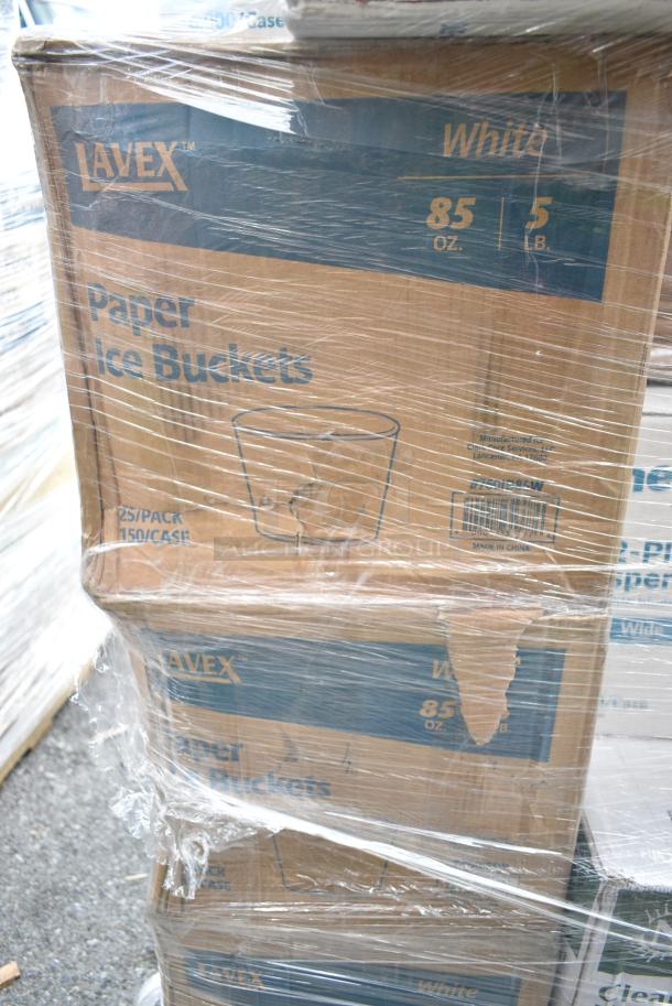 32 BRAND NEW! Boxes Including Lavex Paper Ice Buckets, 500CC16 16 oz. Plastic Cold Cup - 1000/Case, OneUp 966UPWIDEB-500 Napkins, 127RD16BULK Choice 16 oz. Customizable Microwavable Translucent Round Deli Container - 500/Case, Dart 85HT3R 8" x 8" x 3" White Foam Three-Compartment Square Take Out Container with Perforated Hinged Lid - 200/Case. 32 Times Your Bid! - Image 5 of 12