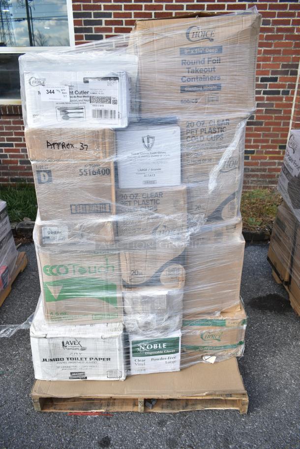 37 BRAND NEW! Boxes Including 612509ST Choice 9" Round Standard Weight Foil Take-Out Pan, 55164, Noble Gloves, 500CC20 Choice Clear PET Customizable Plastic Cold Cup - 20 oz. - 600/Case, 5014046M1C Lavex Li'l Herc 45 Gallon 1 Mil 40" x 46" Low Density Medium-Duty Clear Can Liner / Trash Bag - 100/Case. 37 Times Your Bid! - Image 1 of 11